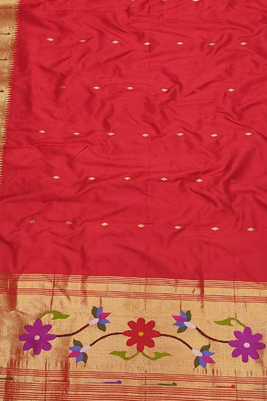 Red Paithani Handloom Pure Silk Single Muniya Border Dupatta - Luxurion World