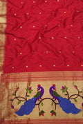Red Paithani Handloom Pure Silk Single Muniya Border Dupatta - Luxurion World