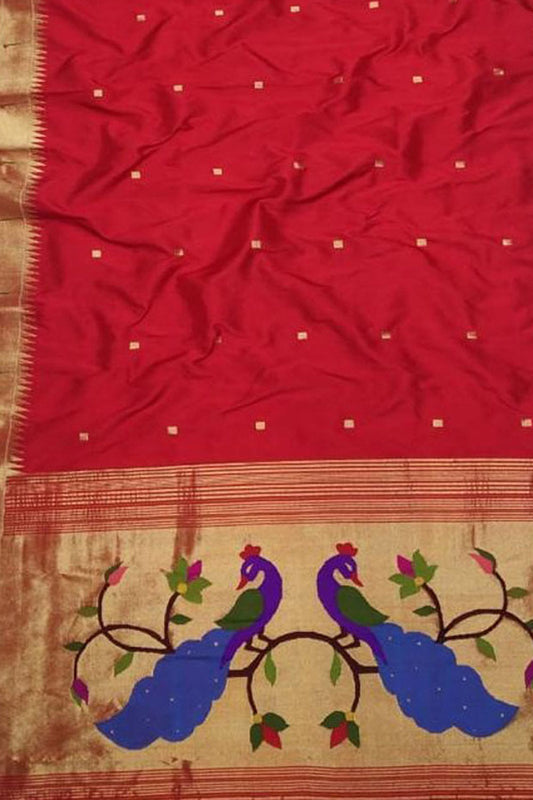 Red Paithani Handloom Pure Silk Single Muniya Border Dupatta - Luxurion World