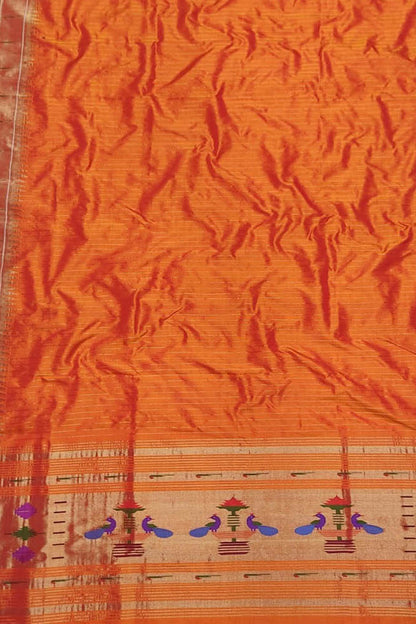 Orange Paithani Handloom Pure Silk Single Muniya Border Dupatta - Luxurion World