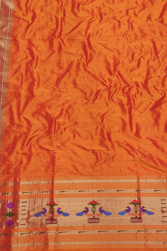 Orange Paithani Handloom Pure Silk Single Muniya Border Dupatta