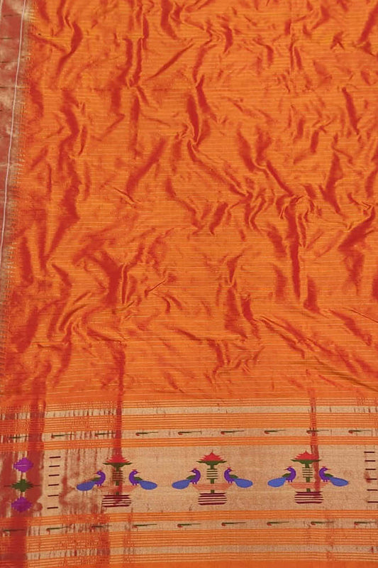 Orange Paithani Handloom Pure Silk Single Muniya Border Dupatta - Luxurion World
