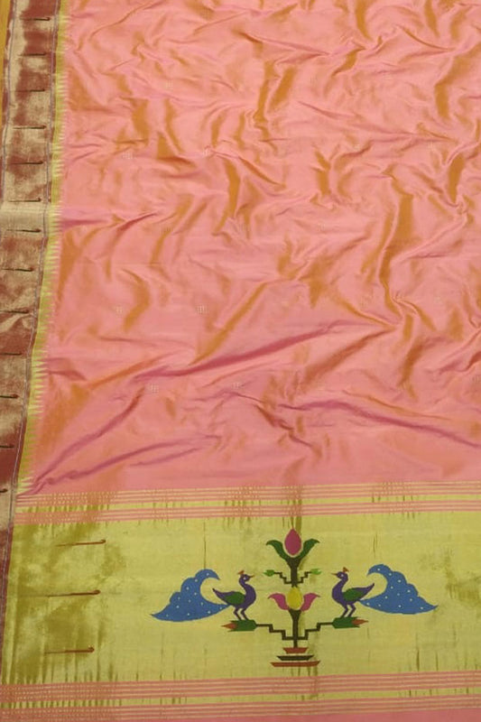 Pink Paithani Handloom Pure Silk Single Muniya Border Dupatta - Luxurion World