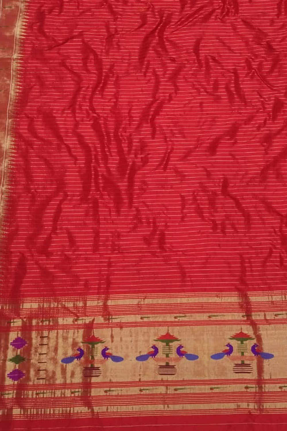 Red Paithani Handloom Pure Silk Single Muniya Border Dupatta - Luxurion World