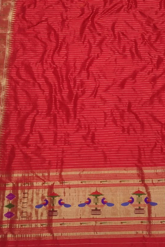 Red Paithani Handloom Pure Silk Single Muniya Border Dupatta - Luxurion World