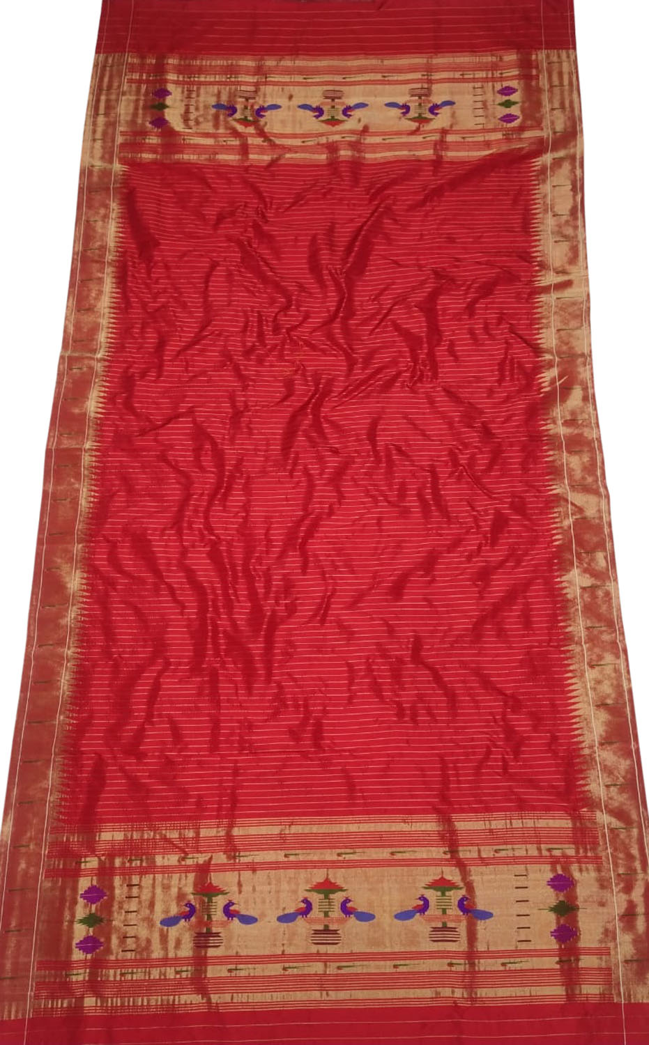 Red Paithani Handloom Pure Silk Single Muniya Border Dupatta - Luxurion World