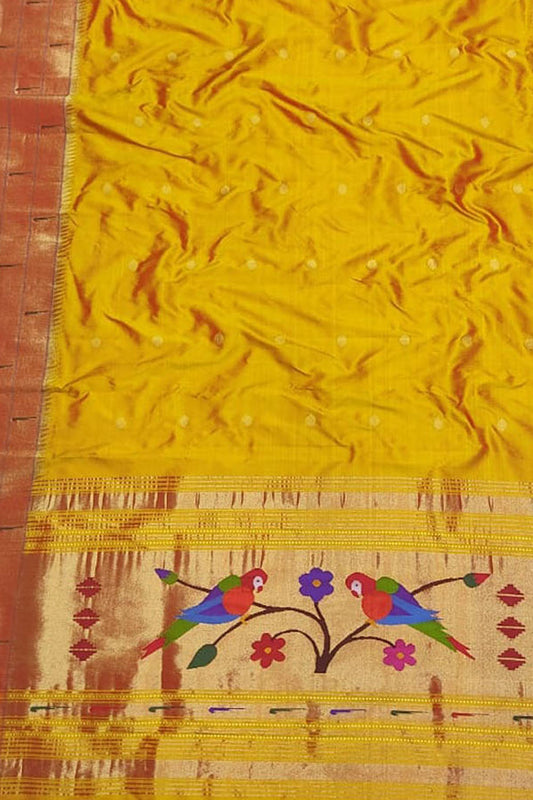 Yellow Paithani Handloom Pure Silk Triple Muniya Border Dupatta - Luxurion World