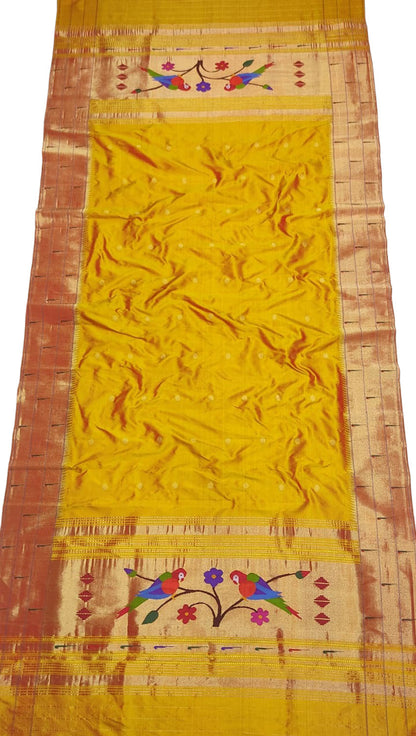 Yellow Paithani Handloom Pure Silk Triple Muniya Border Dupatta - Luxurion World