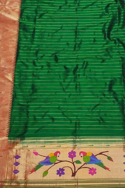 Green Paithani Handloom Pure Silk Triple Muniya Border Dupatta - Luxurion World
