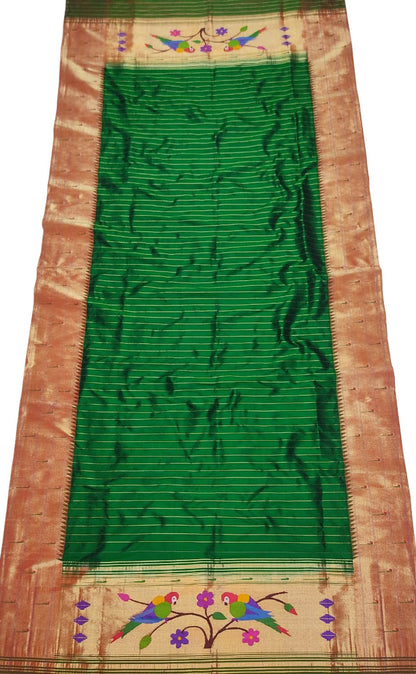 Green Paithani Handloom Pure Silk Triple Muniya Border Dupatta - Luxurion World