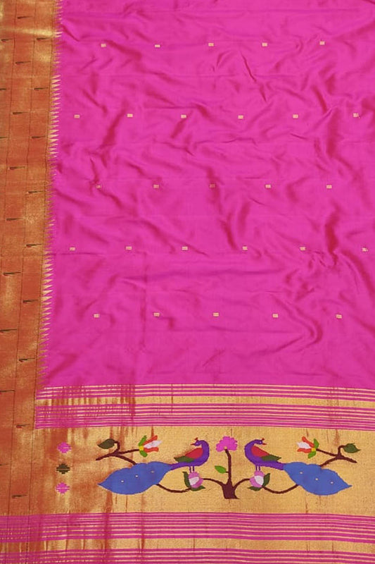 Pink Paithani Handloom Pure Silk Triple Muniya Border Dupatta - Luxurion World