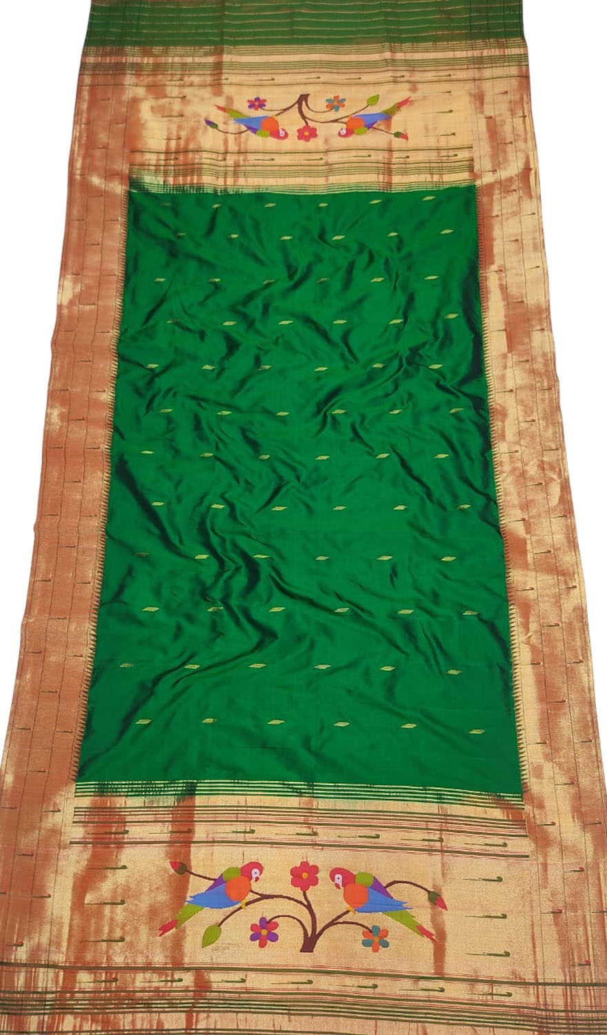Green Paithani Handloom Pure Silk Triple Muniya Border Dupatta - Luxurion World