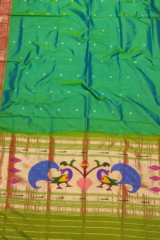 Green Paithani Handloom Pure Silk Muniya Border Dupatta - Luxurion World