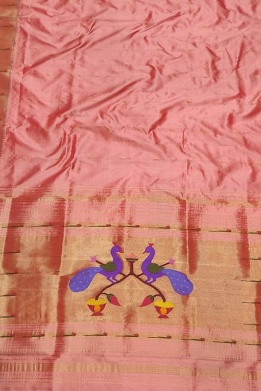 Pink Paithani Handloom Pure Silk Muniya Border Dupatta - Luxurion World