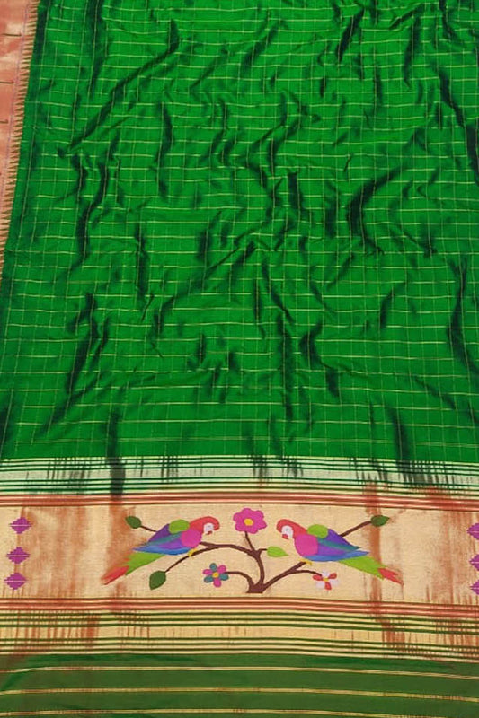 Green Paithani Handloom Pure Silk Muniya Border Dupatta - Luxurion World
