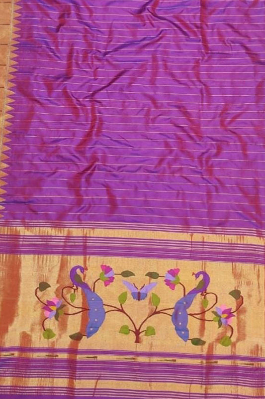 Purple Paithani Handloom Pure Silk Muniya Border Dupatta - Luxurion World