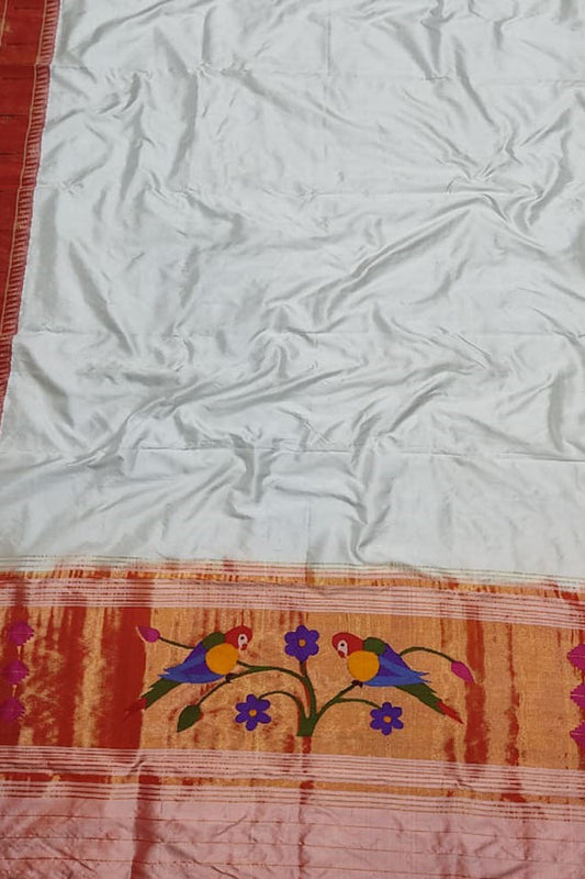 Off White Paithani Handloom Pure Silk Muniya Border Dupatta - Luxurion World