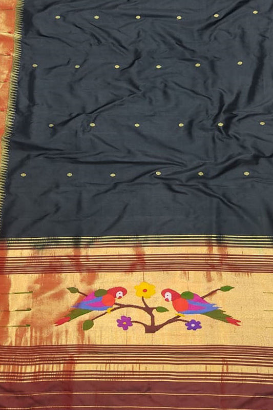 Black Paithani Handloom Pure Silk Muniya Border Dupatta - Luxurion World