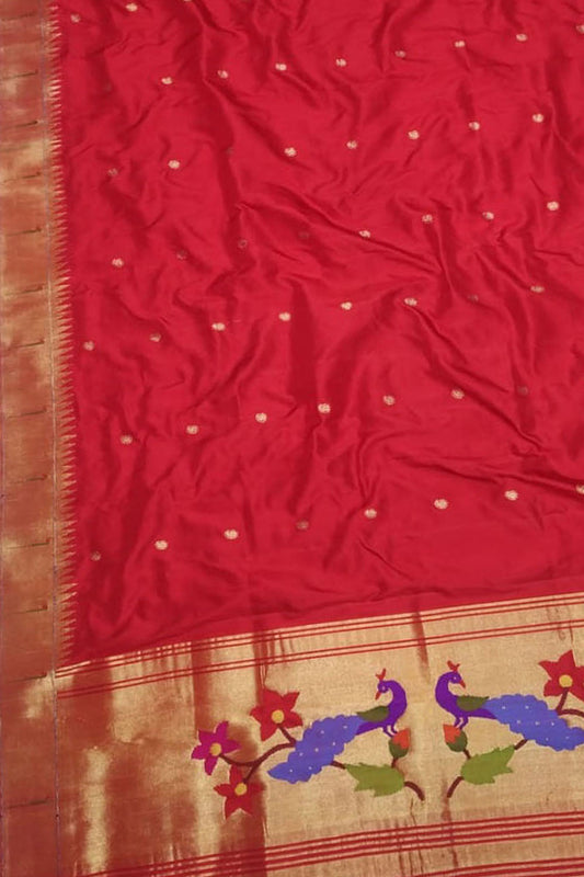 Red Paithani Handloom Pure Silk Dupatta With Single Muniya Border