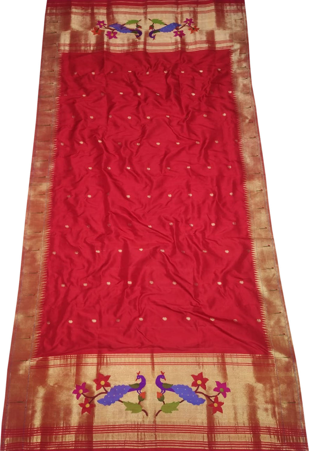 Red Paithani Handloom Pure Silk Dupatta With Single Muniya Border - Luxurion World