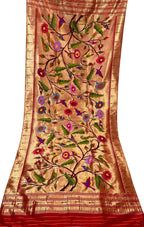 Red Paithani Handloom Brocade Pure Tissue Silk Dupatta - Luxurion World