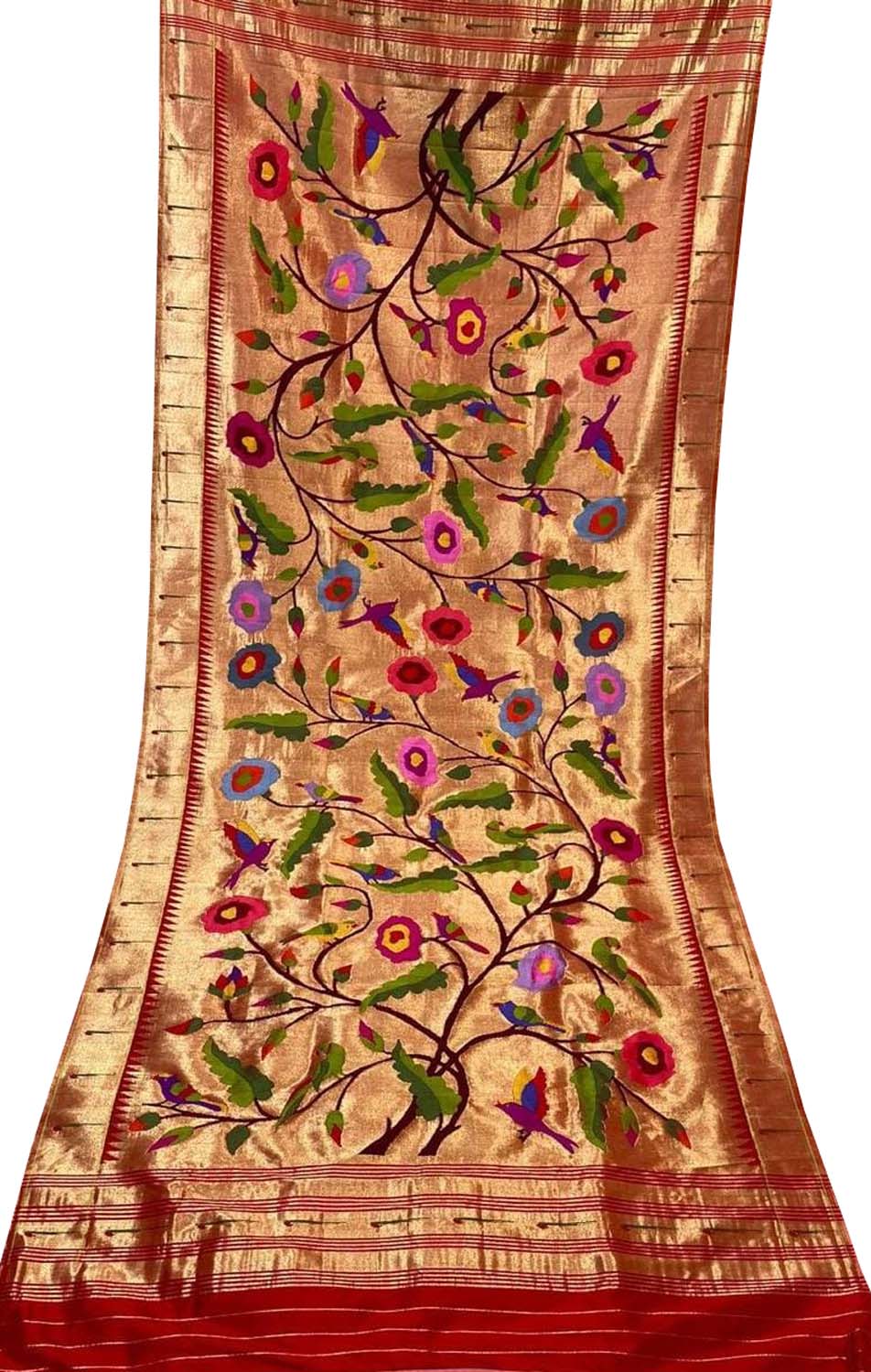Red Paithani Handloom Brocade Pure Tissue Silk Dupatta - Luxurion World