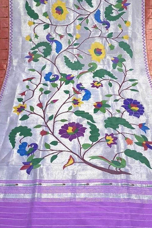 Purple Paithani Handloom Brocade Pure Tissue Silk Dupatta - Luxurion World