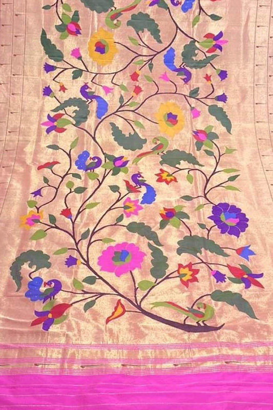 Pink Paithani Handloom Brocade Pure Tissue Silk Dupatta - Luxurion World