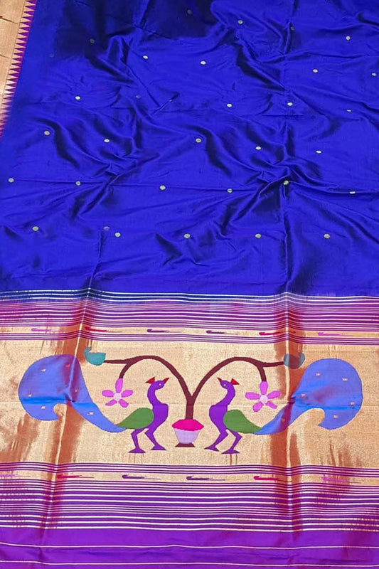 Exquisite Blue Handloom Paithani Silk Peacock Design Dupatta: Timeless Elegance
