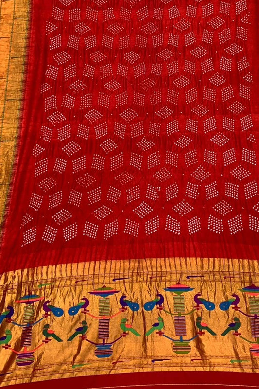 Red Paithani Bandhani Pure Silk Dupatta - Luxurion World