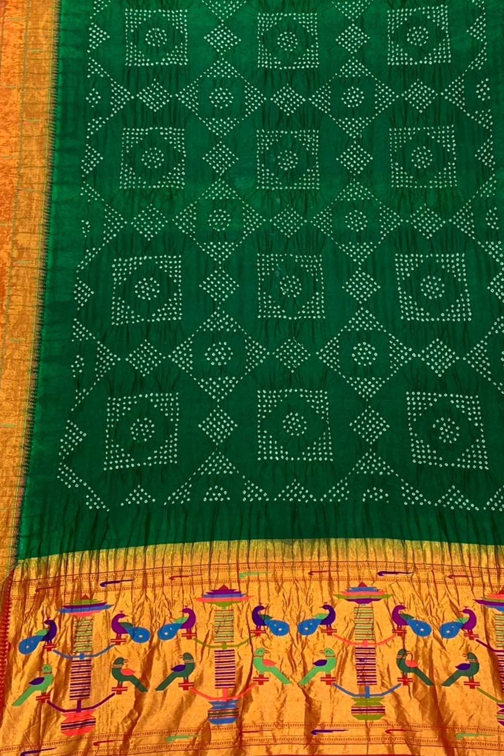 Green Paithani Bandhani Pure Silk Dupatta