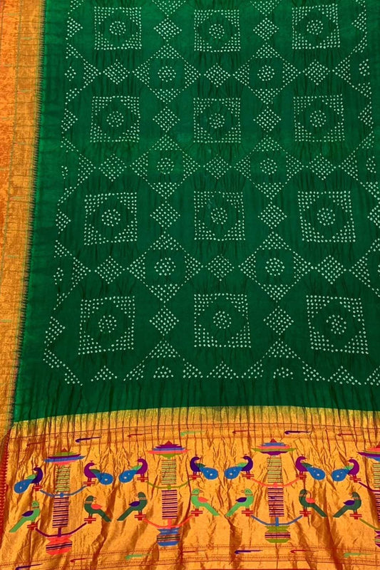 Green Paithani Bandhani Pure Silk Dupatta - Luxurion World