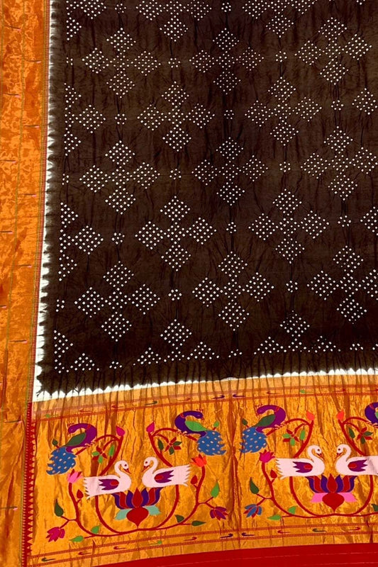Brown Paithani Bandhani Pure Silk Dupatta - Luxurion World