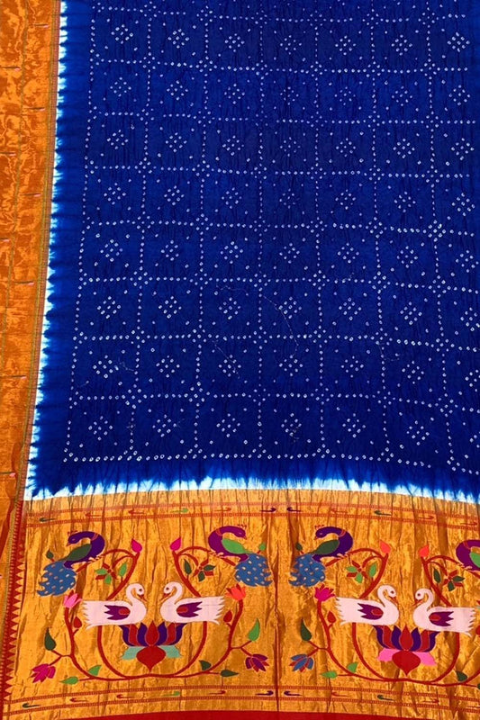 Blue Paithani Bandhani Pure Silk Dupatta - Luxurion World
