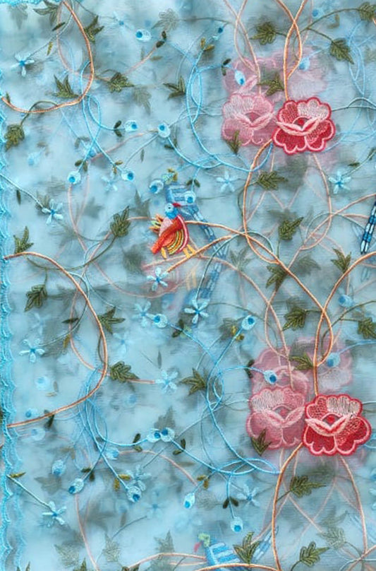 Blue Embroidered Parsi Convent Work Net Bird And Flower Design Dupatta