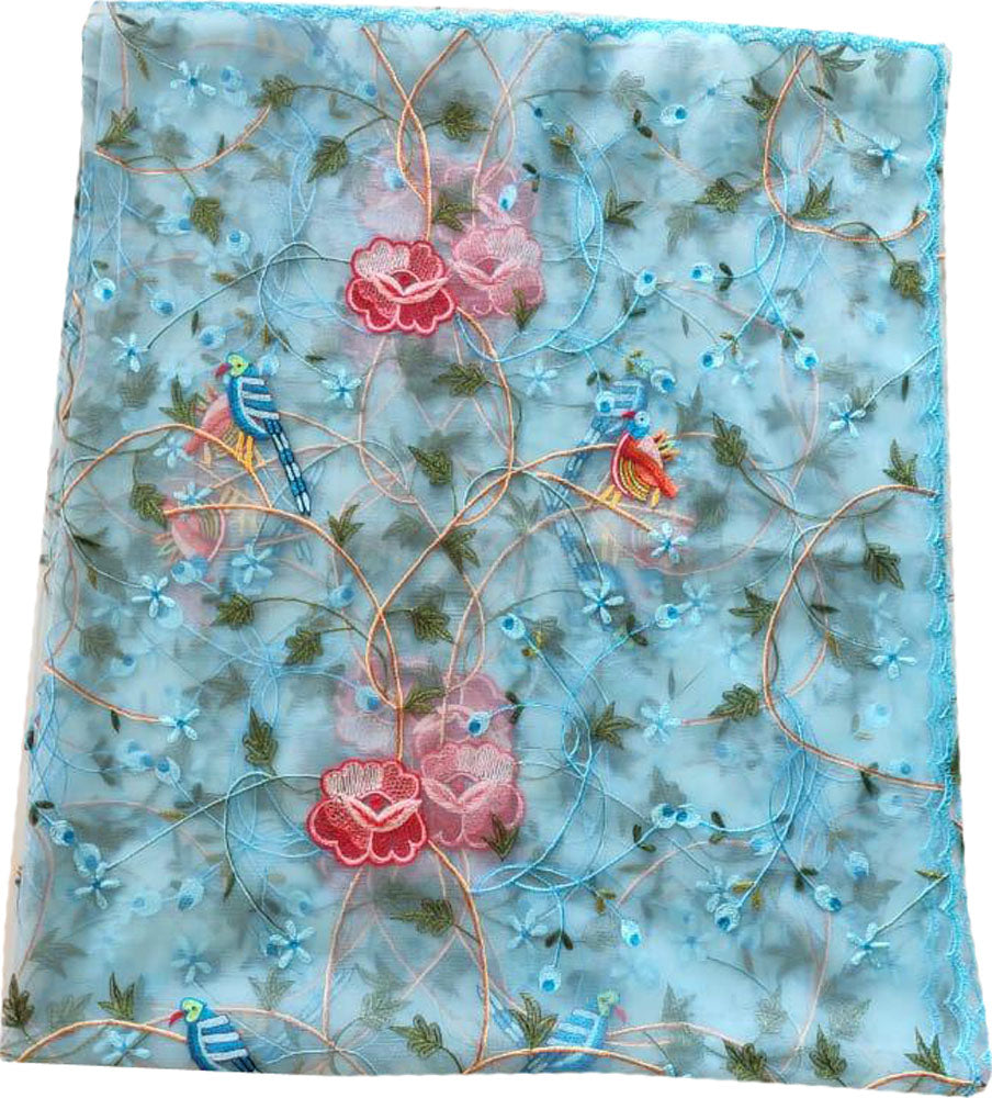Blue Embroidered Parsi Convent Work Net Bird And Flower Design Dupatta - Luxurion World