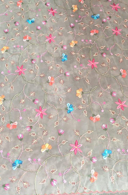 Pastel Embroidered Parsi Convent Work Net Flower Design Dupatta - Luxurion World