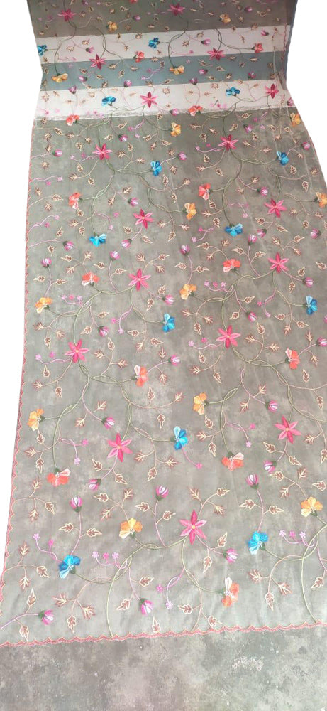 Pastel Embroidered Parsi Convent Work Net Flower Design Dupatta - Luxurion World