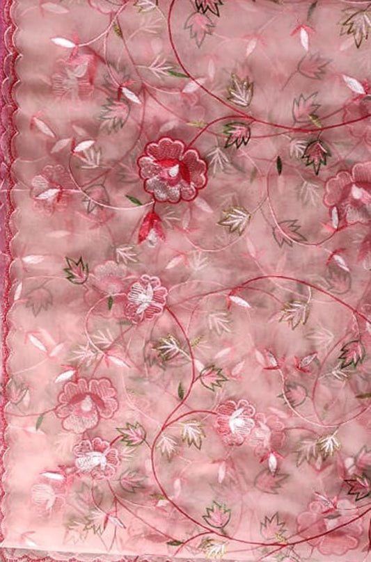Pink Embroidered Parsi Convent Work Net Flower Design Dupatta