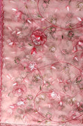 Pink Embroidered Parsi Convent Work Net Flower Design Dupatta - Luxurion World