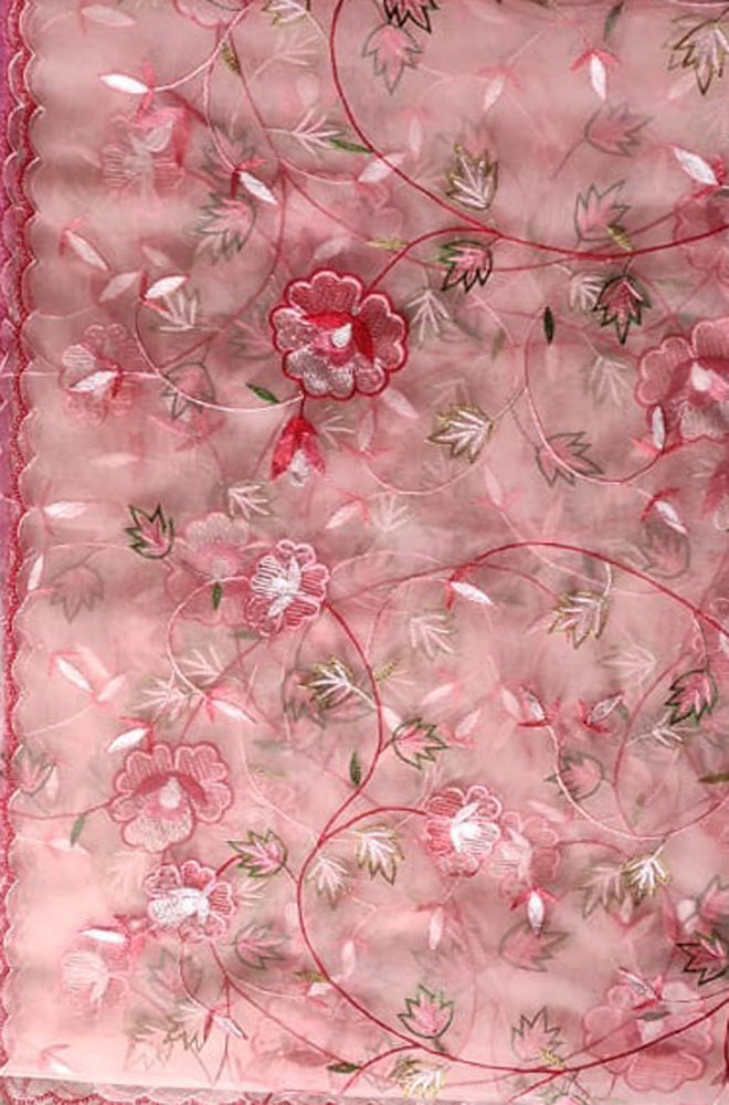Pink Embroidered Parsi Convent Work Net Flower Design Dupatta - Luxurion World