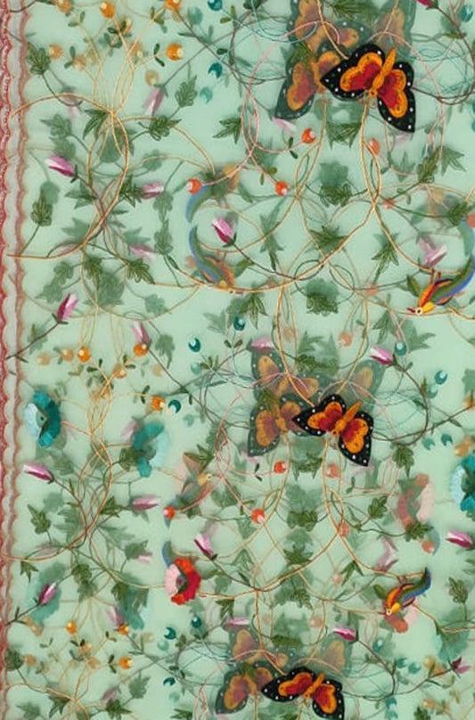 Green Embroidered Parsi Convent Work Net Bird And Flower Design Dupatta - Luxurion World