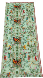 Green Embroidered Parsi Convent Work Net Bird And Flower Design Dupatta - Luxurion World