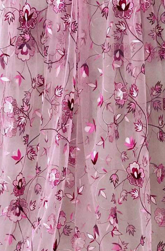 Pink Embroidered Parsi Convent Work Net Flower Design Dupatta - Luxurion World