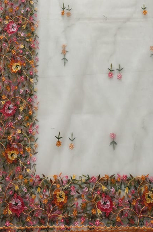 Off White Embroidered Parsi Convent Work Net Flower Design Dupatta - Luxurion World