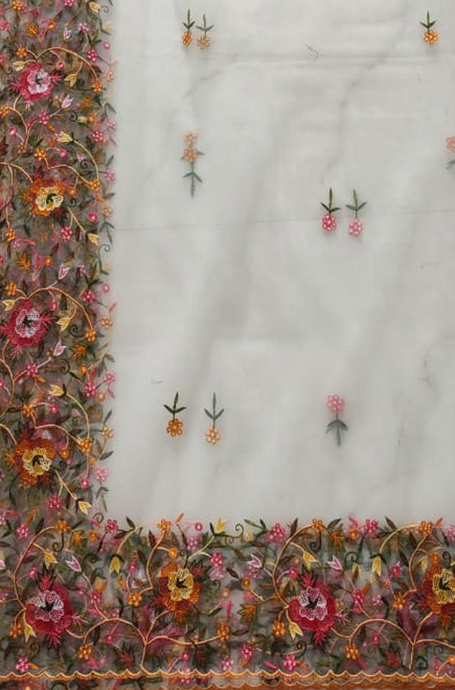 Off White Embroidered Parsi Convent Work Net Flower Design Dupatta - Luxurion World