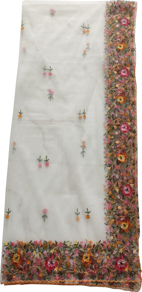 Off White Embroidered Parsi Convent Work Net Flower Design Dupatta - Luxurion World