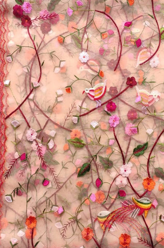 Orange Embroidered Parsi Convent Work Net Bird And Flower Design Dupatta - Luxurion World