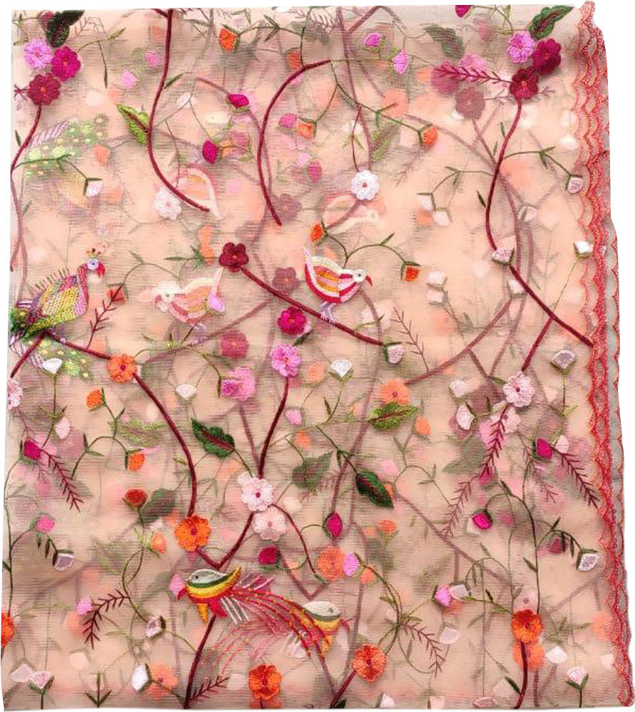 Orange Embroidered Parsi Convent Work Net Bird And Flower Design Dupatta