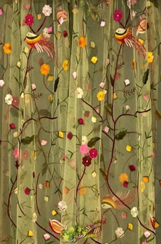 Yellow Embroidered Parsi Convent Work Net Bird And Flower Design Dupatta